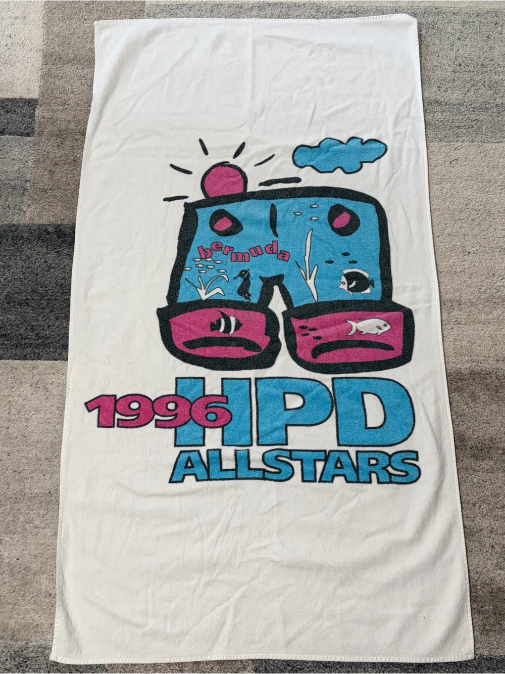 Vintage 1996 Big Hed Designs Bermuda Beach Towel HPD Allstars 90s Promo Pop Art